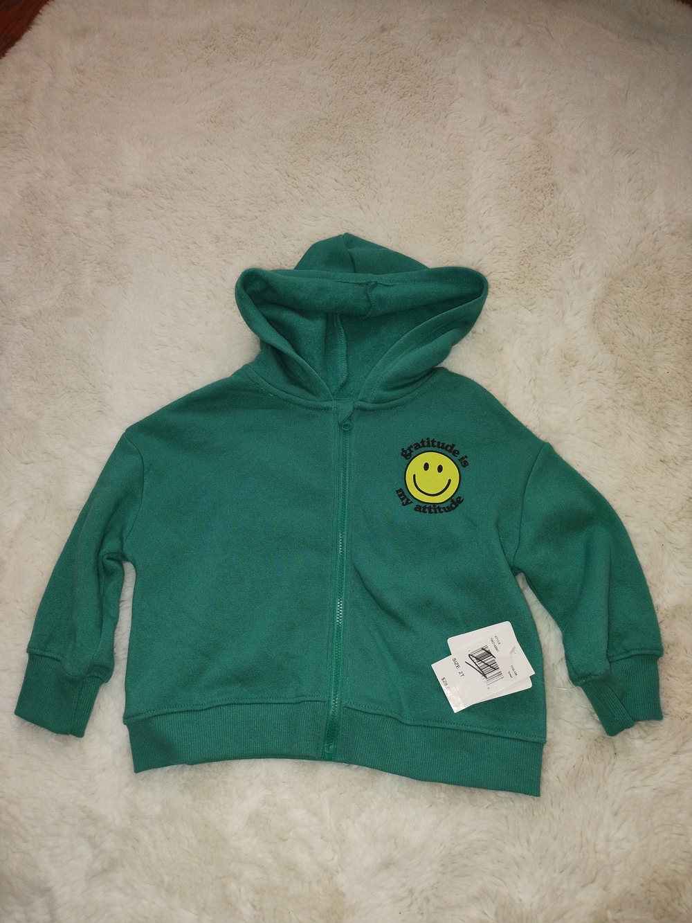 Kids Teal Green Zip Hoodie with Smiley Patch